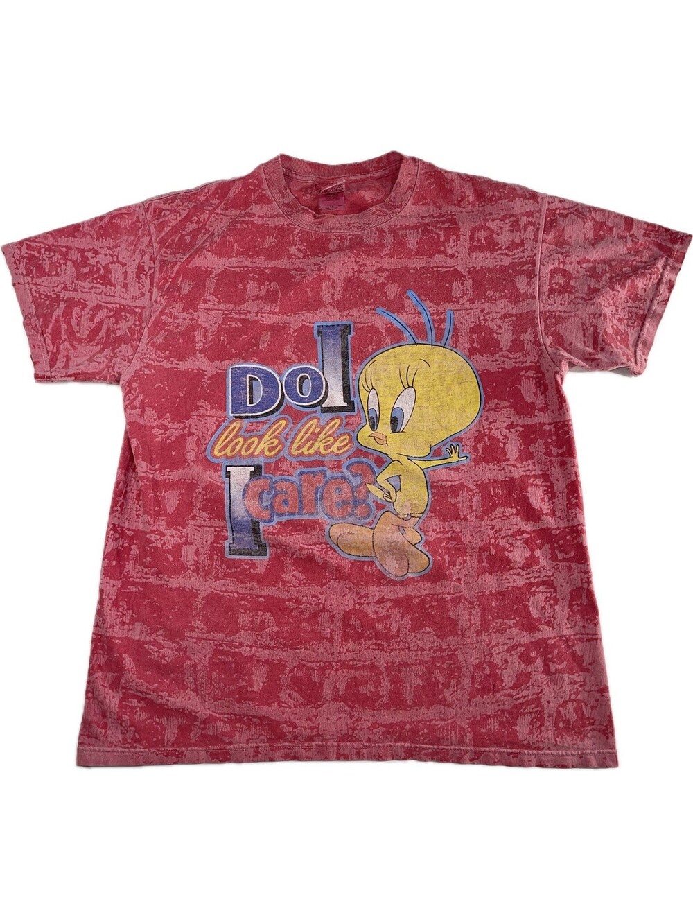VTG Looney Tunes Tweety Bird Do I Look Like I Care? Large Red T-Shirt Faded 90’s